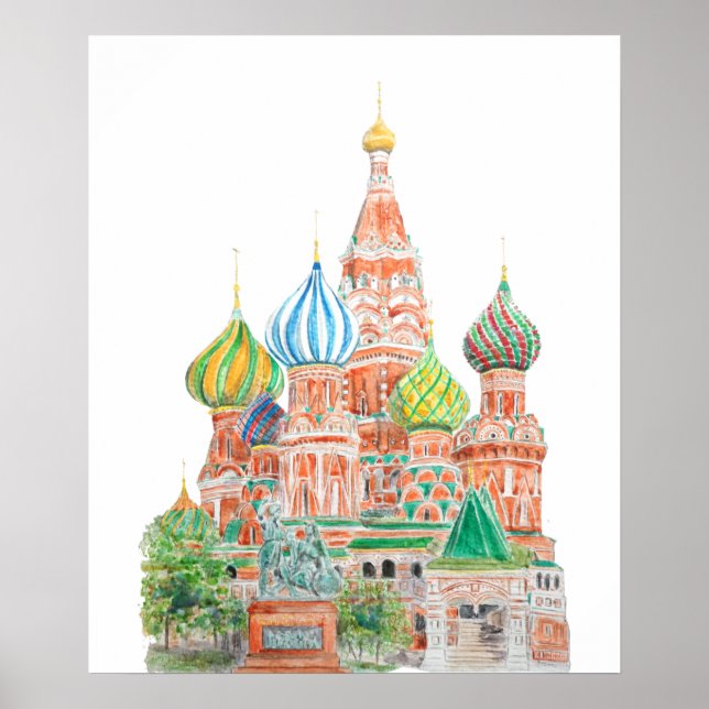 Moscow Saint Basil Cathedral watercolor  Poster (Front)