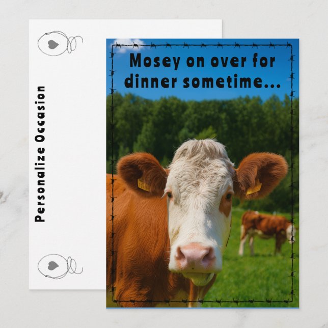 Mosey On Over Dinner Country Cow Ranch Farm Style  Invitation (Front/Back)
