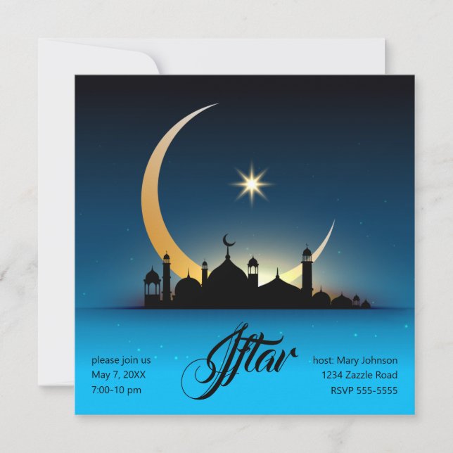 Mosque Crescent Moon Ramadan, turquoise, black Invitation (Front)