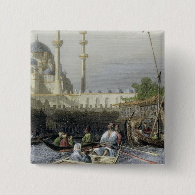 Mosque of Sultana Valide from the Port, engraved b 2 Inch Square Button (Front)