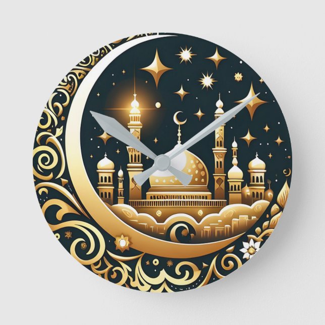 Mosque On Golden Moon Round Clock (Front)