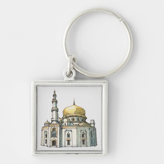 Mosque with gold onion dome and minaret keychain (Front)