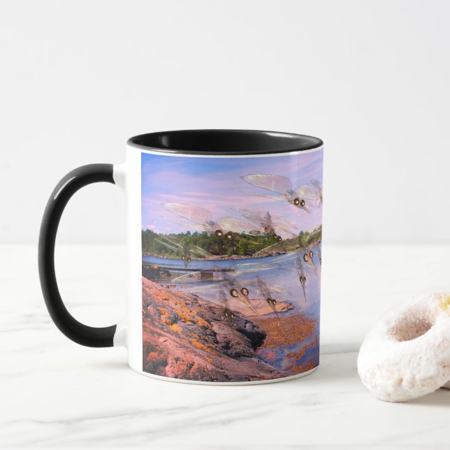 Mosquito swarm, scandinavia fjord, mug (With Donut)