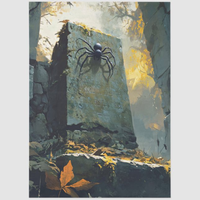 Moss-Covered Tombstone with Spider Decoupage Tissue Paper (Front)