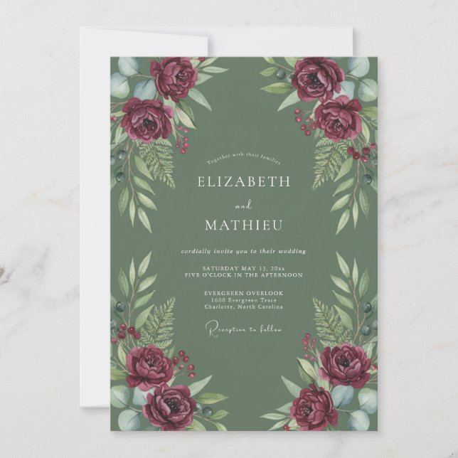 Moss Crimson Fern Wedding Invitation (Front)