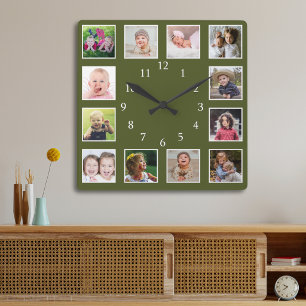 Moss Green 12 Photo Collage Personalized Square Wall Clock
