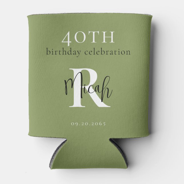 Moss Green 40th Birthday Party  Can Cooler (Front)