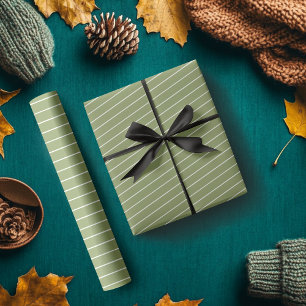 Moss Green and White Thin Horizontal Striped Wrapping Paper