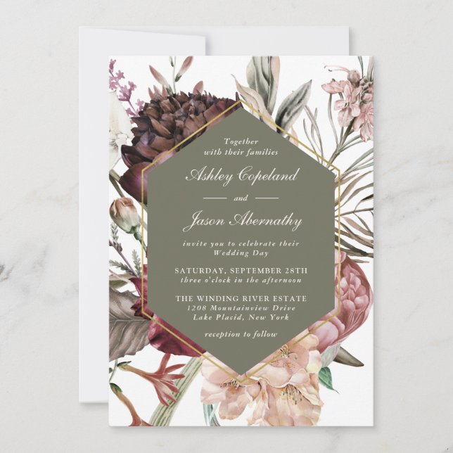 Moss Green Boho Fantasy Watercolor Floral Wedding Invitation (Front)