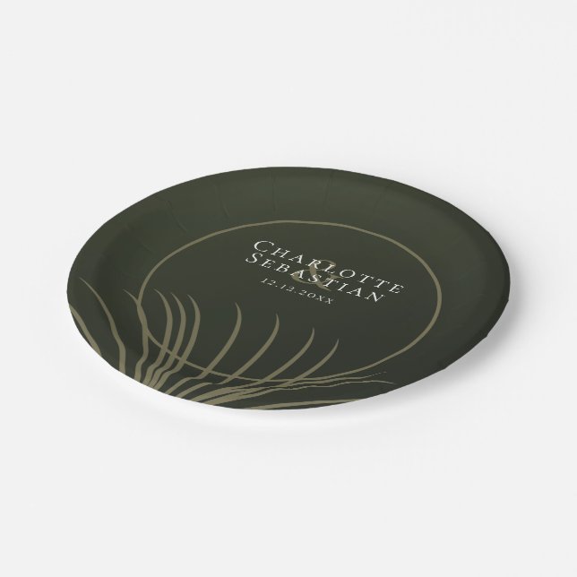 Moss Green Botanical Fan Elegant Wedding Paper Plate (Angled)