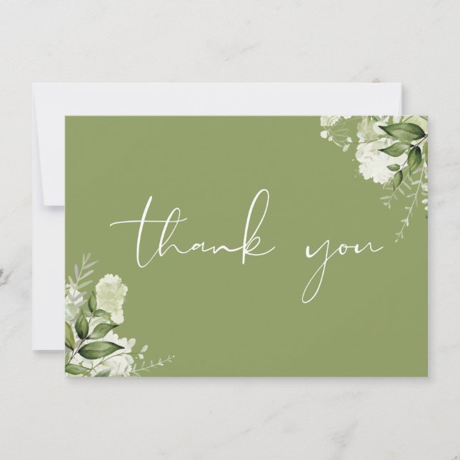 Moss Green Botanical Greenery Elegant Script Thank You Card (Front)