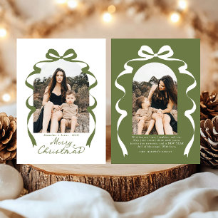 Moss Green Bow Photo Merry Christmas Arch Holiday Card