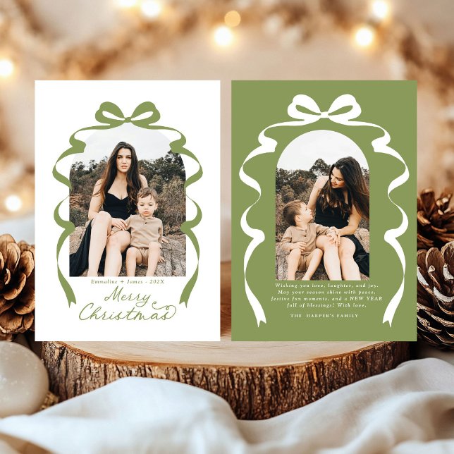 Moss Green Bow Photo Merry Christmas Arch Holiday Card (Creator Uploaded)