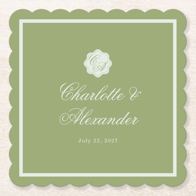 Moss Green Calligraphy Wedding Paper Coaster (Front)