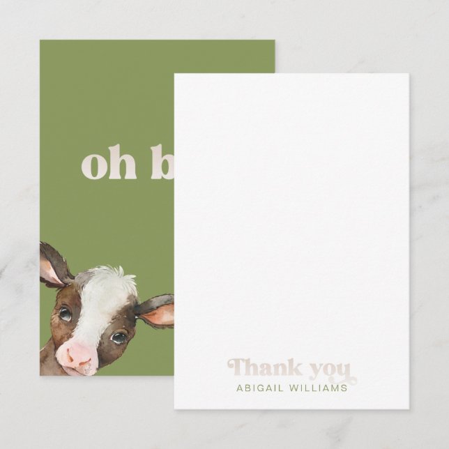 Moss Green Cow  Oh Boy Baby Shower Thank You  Card (Front/Back)