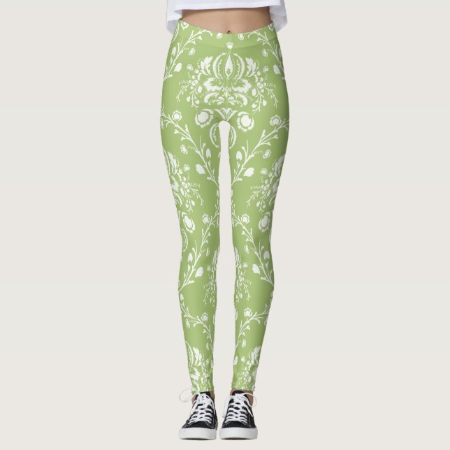 Moss Green Damask Leggings (Front)