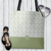Moss Green Damask Pattern Monogram Tote Bag