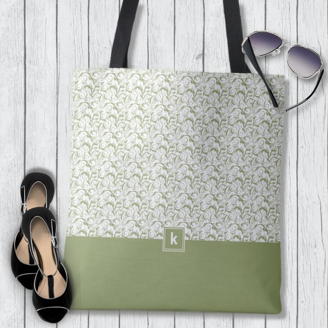 Moss Green Damask Pattern Monogram Tote Bag (Creator Uploaded)