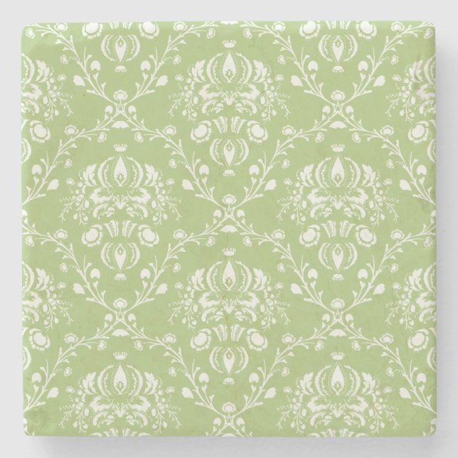 Moss Green Damask Stone Coaster (Front)
