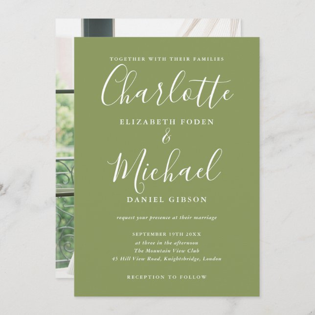 Moss Green Elegant Modern Script Photo Wedding Invitation (Front/Back)