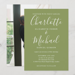Moss Green Elegant Modern Script Photo Wedding Invitation