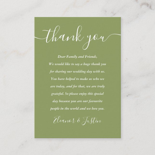 Moss Green Elegant Modern Script Wedding Thank You Place Card (Front)