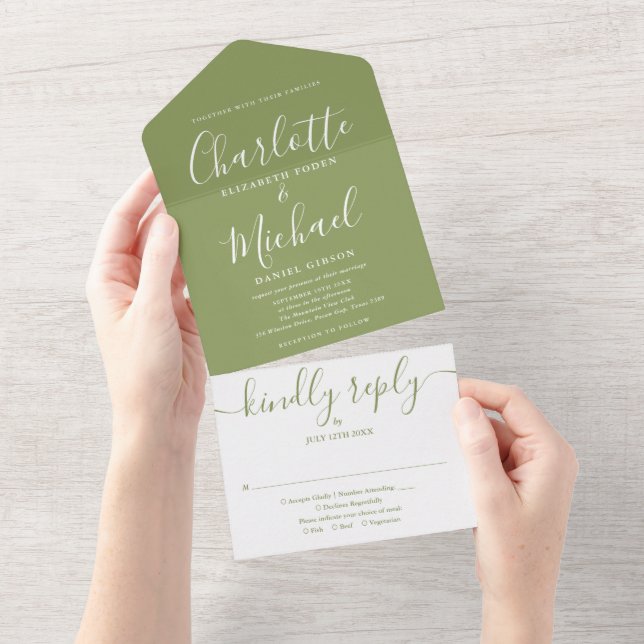 Moss Green Elegant Modern Signature Script Wedding All In One Invitation (Tearaway)