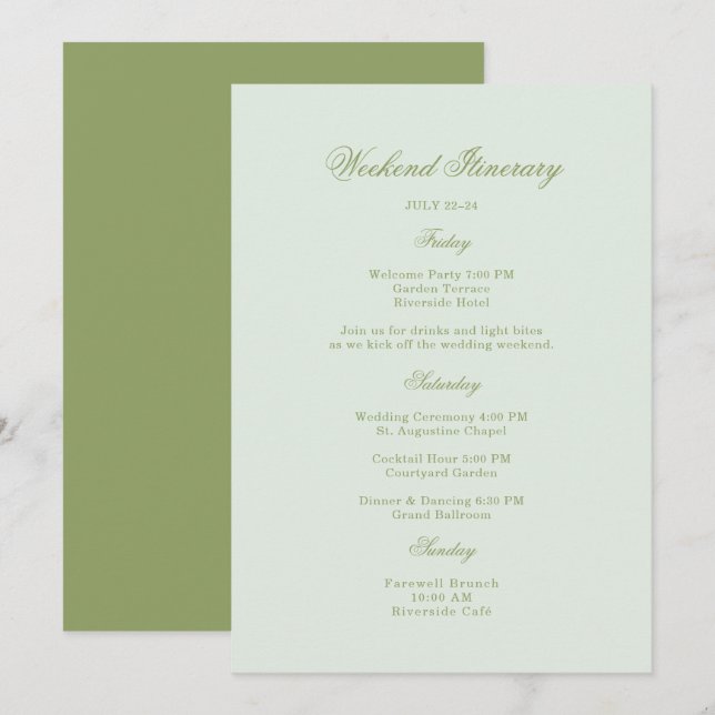 Moss Green Estate Wedding Itinerary Card (Front/Back)