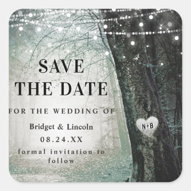 Moss Green Evermore Enchanted Forest Save The Date Square Sticker (Front)