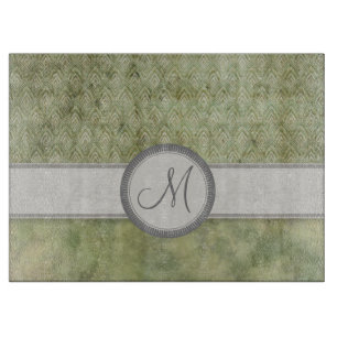 Moss Green Feather Pattern with Grey Monogram Cutting Board