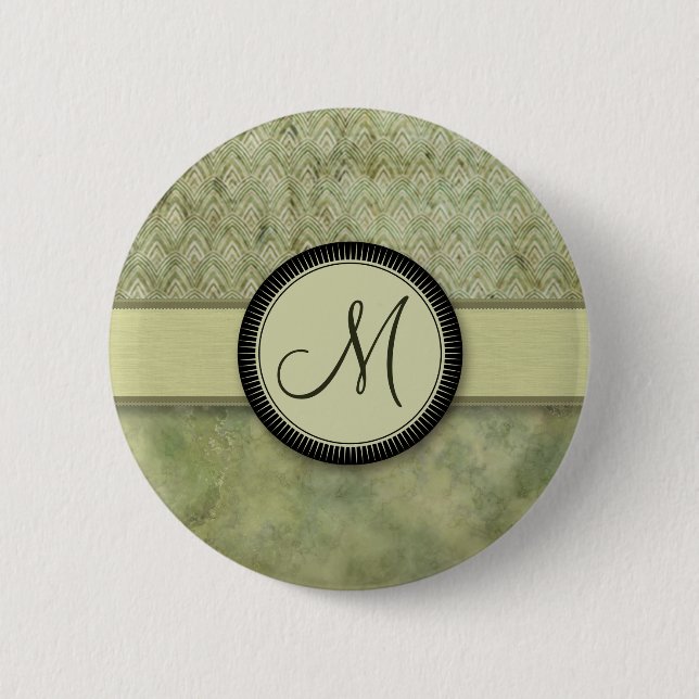 Moss Green Feather Pattern with Monogram 2 Inch Round Button (Front)
