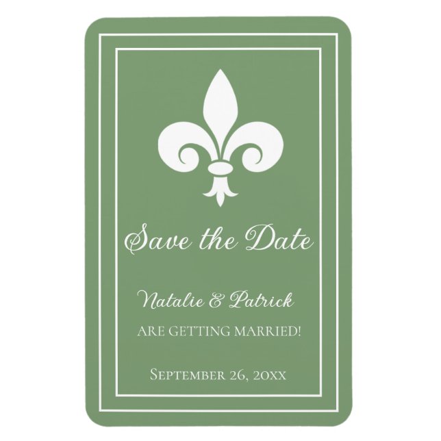 Moss Green Fleur de Lis Économisez la date Magnet (Vertical)