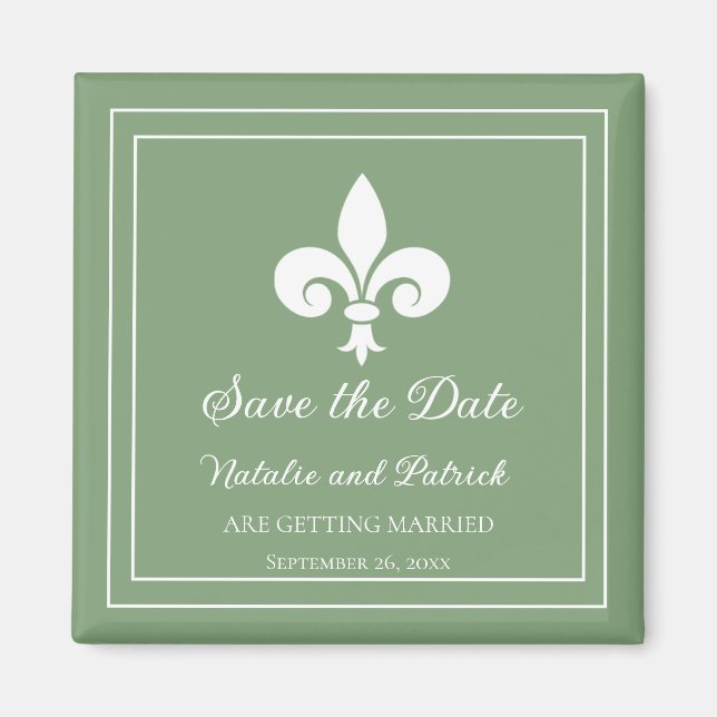 Moss Green Fleur de Lis Économisez la date Magnet (Devant)