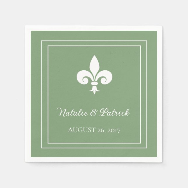 Moss Green Fleur de Lis Wedding Paper Napkins (Front)