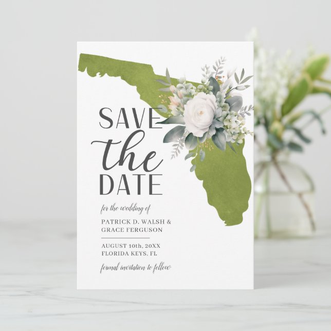 Moss Green Floral Florida Destination Wedding Save The Date (Standing Front)