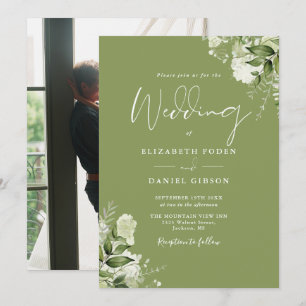 Moss Green Floral Greenery Elegant Photo Wedding Invitation