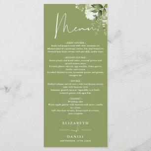 Moss Green Floral Greenery Monogram Wedding Dinner Menu