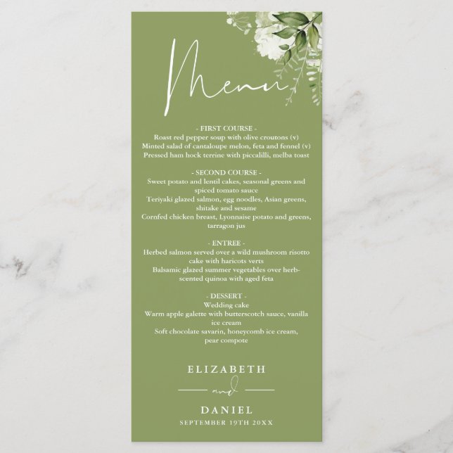 Moss Green Floral Greenery Monogram Wedding Dinner Menu (Front)