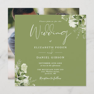 Moss Green Floral Greenery Photo Square Wedding Invitation
