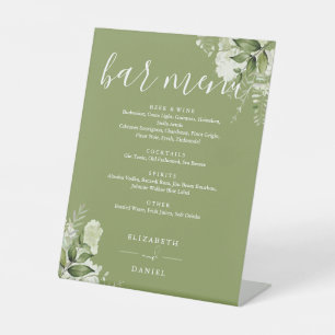 Moss Green Floral Greenery Wedding Bar Menu Pedestal Sign