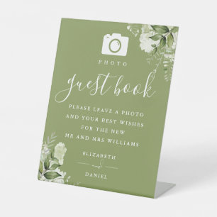 Moss Green Floral Photo Guest Book Wedding Pedestal Sign