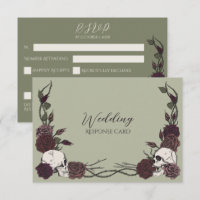 Moss Green Floral Skull Wedding RSVP