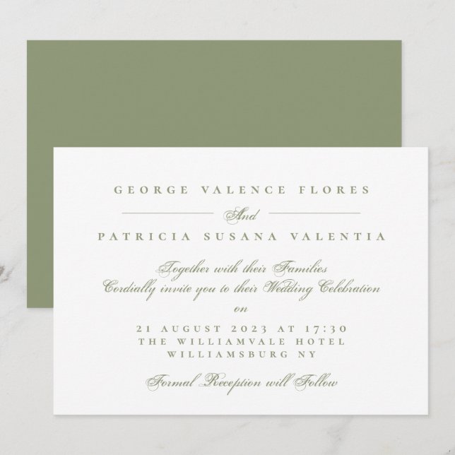 Moss Green Formal Calligraphy Wedding Invitation (Front/Back)