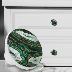 Moss Green Geode and Crystals Digital Art Ceramic Knob