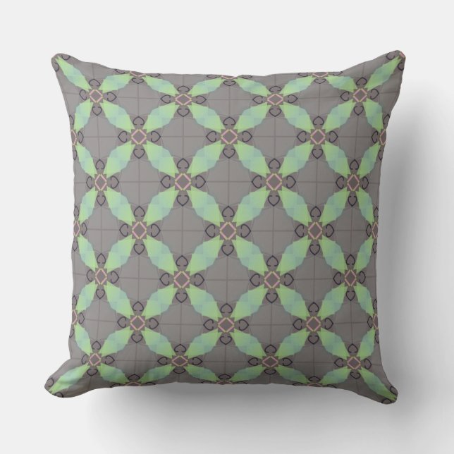 Moss Green geometric on grey Throw Pillow (Front)