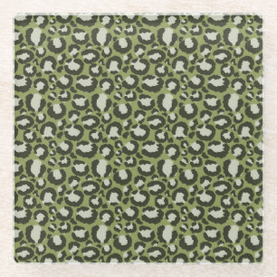 Moss Green Glamourous Leopard Spots Animal Print Glass Coaster