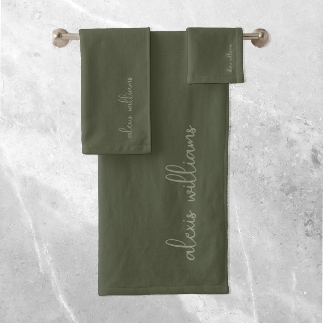 Moss Green Minimalist Script Signature Monogram Bath Towel Set (Creator Uploaded)