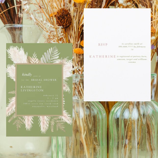 Moss Green Modern Pampas Bridal Shower Invitation (Creator Uploaded)