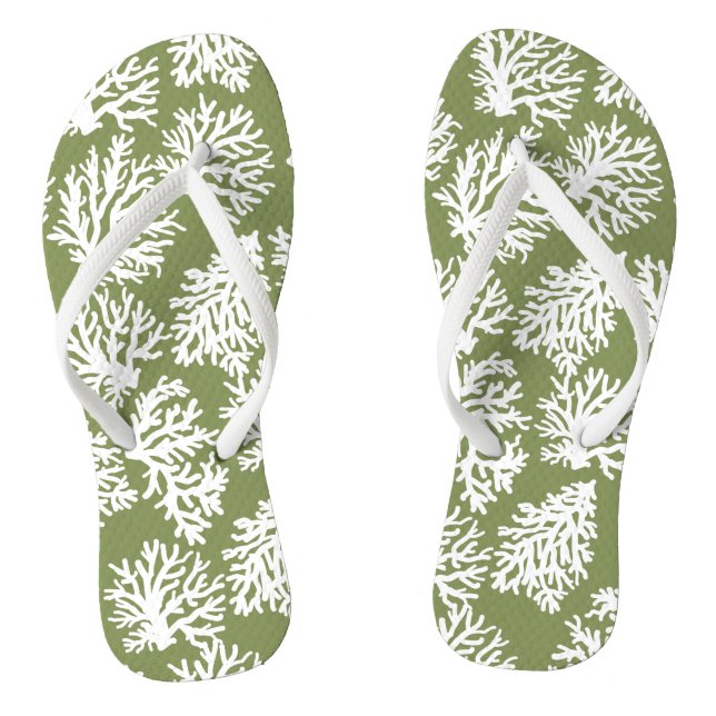 Moss Green Modern  White Beach Coral  Reefs    Flip Flops (Footbed)