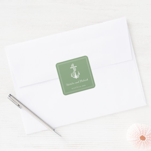 Moss Green Nautical Anchor Wedding Stickers (Envelope)
